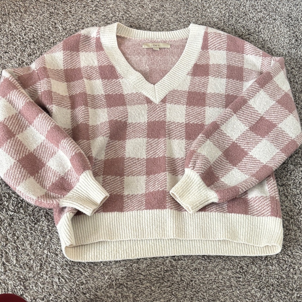 LOFT Pink and Cream V-Neck Check Sweater